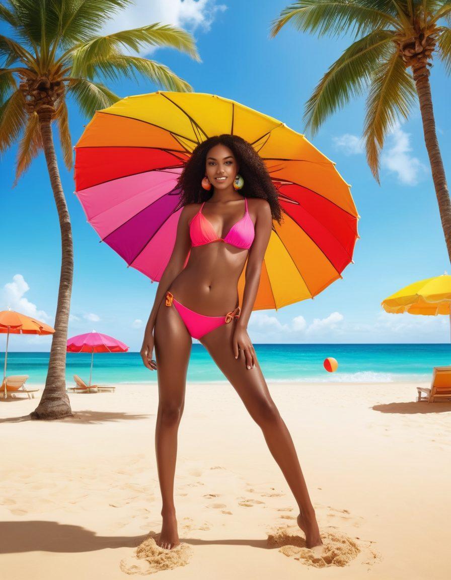 A vibrant beach scene showcasing diverse models flaunting the latest bikini trends, surrounded by colorful beach umbrellas and sun-kissed sand. Include tropical elements like palm trees and refreshing cocktails, with one model playfully holding a beach ball. The atmosphere suggests fun and 'summer vibes'. vibrant colors. super-realistic. sunny background.