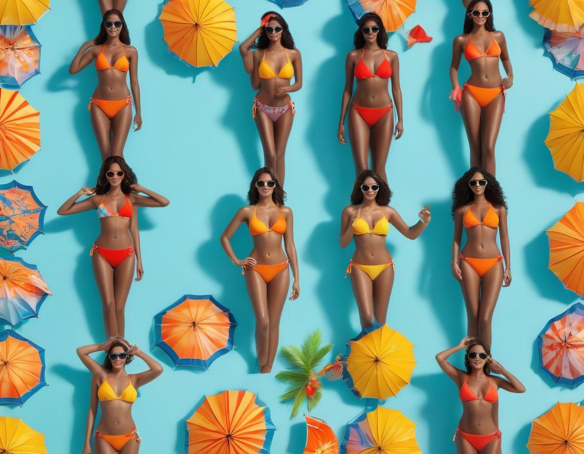A vibrant beach scene showcasing diverse models in trendy swimsuits, radiating confidence and style. Include colorful beach umbrellas, stylish sunglasses, and playful beach accessories. Capture the essence of summer flair with sun-kissed skin and cheerful expressions. Emphasize a chic, fashionable vibe with bold colors and dynamic poses. super-realistic. vibrant colors. 3D.