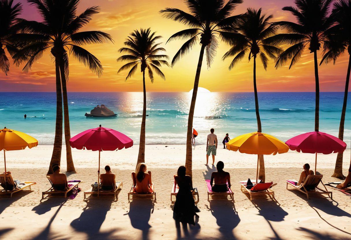 A fashionable tropical landscape showcasing a sunny beach with a diverse group of people in breezy beach attire and dazzling resort wear, surrounded by colorful beach umbrellas and palm trees. Include beach accessories like sunglasses and sandals, with a vibrant sunset in the background. The scene should evoke a sense of relaxation and style, highlighting various fashion tips for sunny getaways. super-realistic. vibrant colors. 3D.